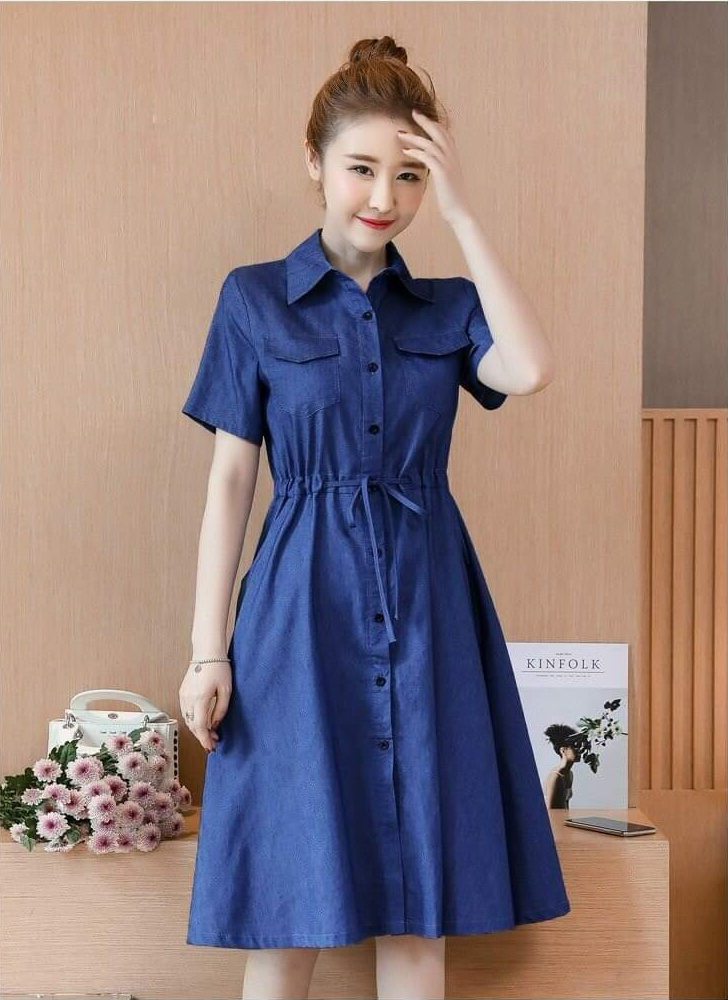 ĐẦM JEAN XOÈ CỔ SƠ MI EO RÚT DÂY - NJ2811