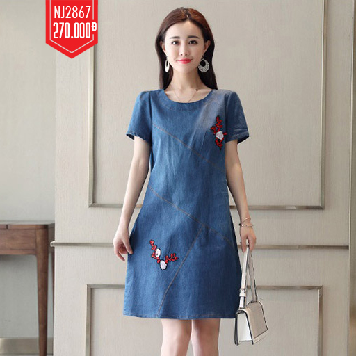 ĐÀM JEAN SUÔNG CỔ TRÒN THÊU HOA