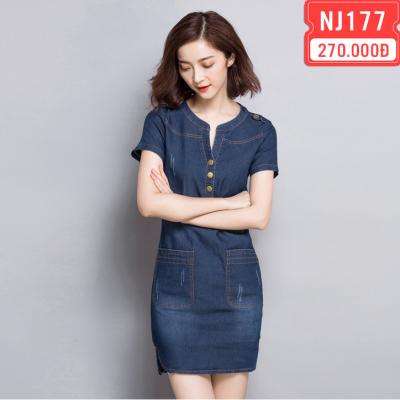 ĐẦM JEAN DÁNG SUÔNG CỔ TRỤ LAI BẦU -J.37